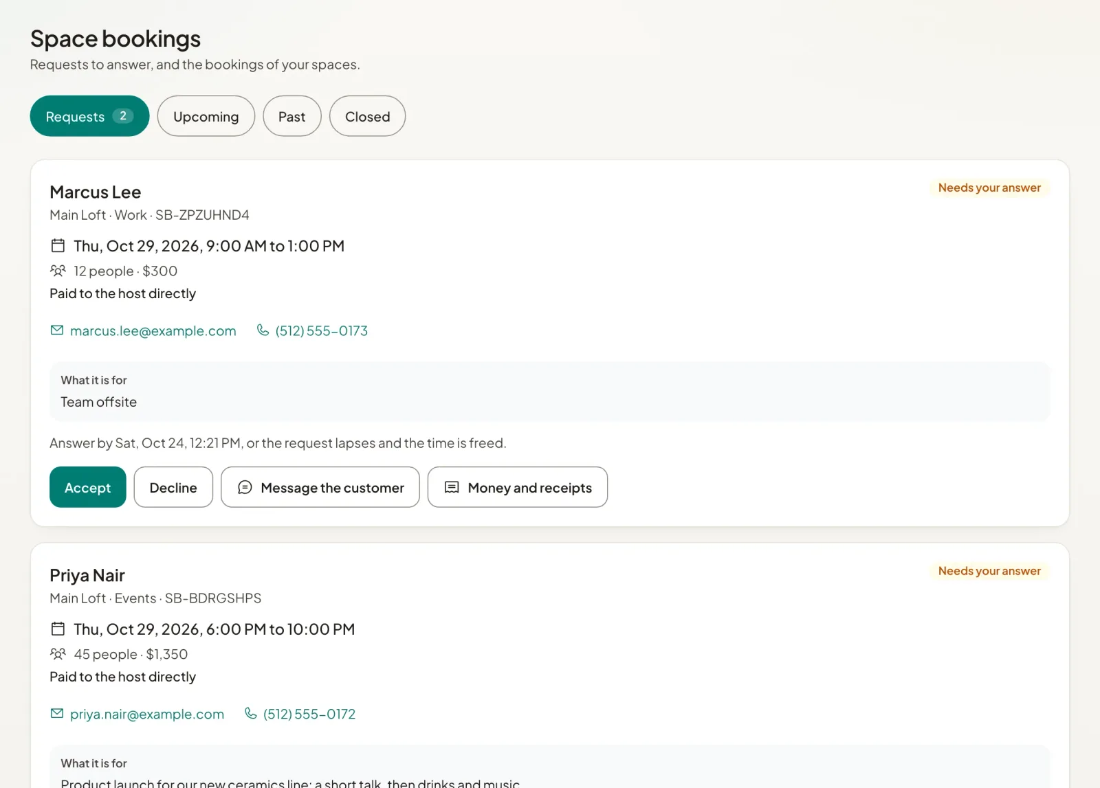Holuway space bookings with sample requests